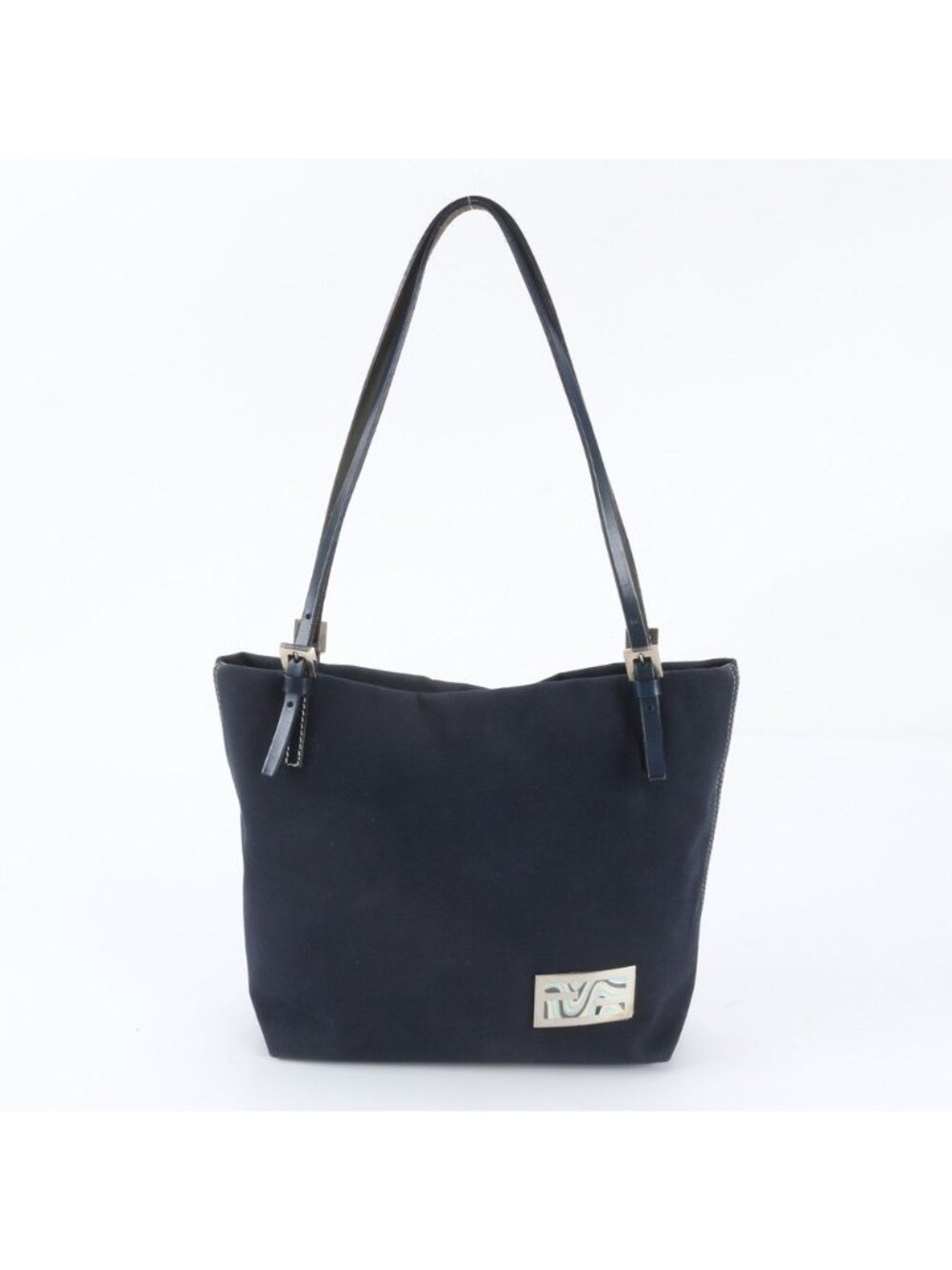 Fendi Leather Canvas Tote Bag Shoulder Hand Navy
